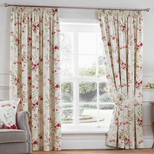 Fusion Jeannie Floral Lined Tape Top Curtains - Red