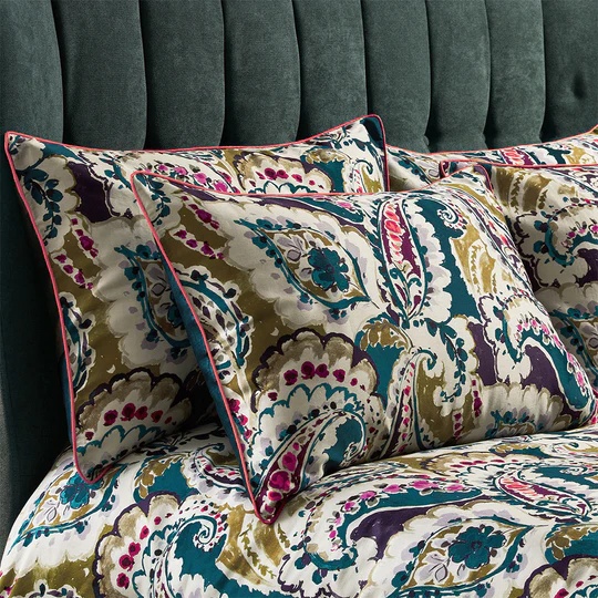 Edinburgh Weavers Aretha Paisley Printed Cotton Sateen Piped Pillowcase Pair Teal/Olive