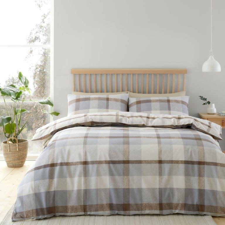 Catherine Lansfield Brushed Cotton Check Natural Duvet Set