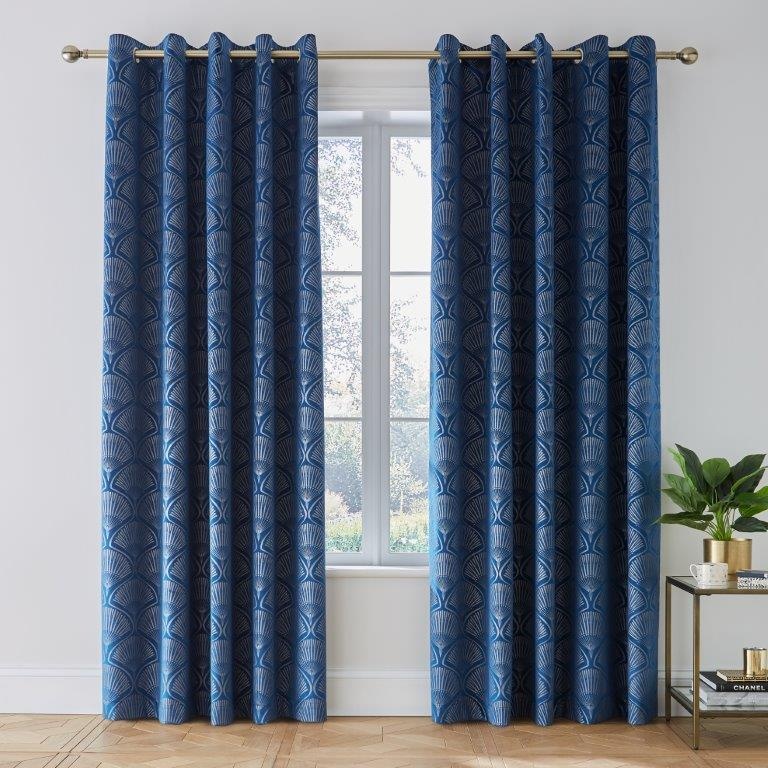 Catherine Lansfield Signature Art Deco Pearl Lined Eyelet Curtains 66x72- Navy Blue