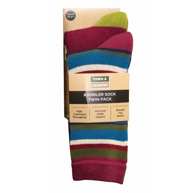 Town & Country Twin Pack Ramble Socks 4-7 - Pink/Multi