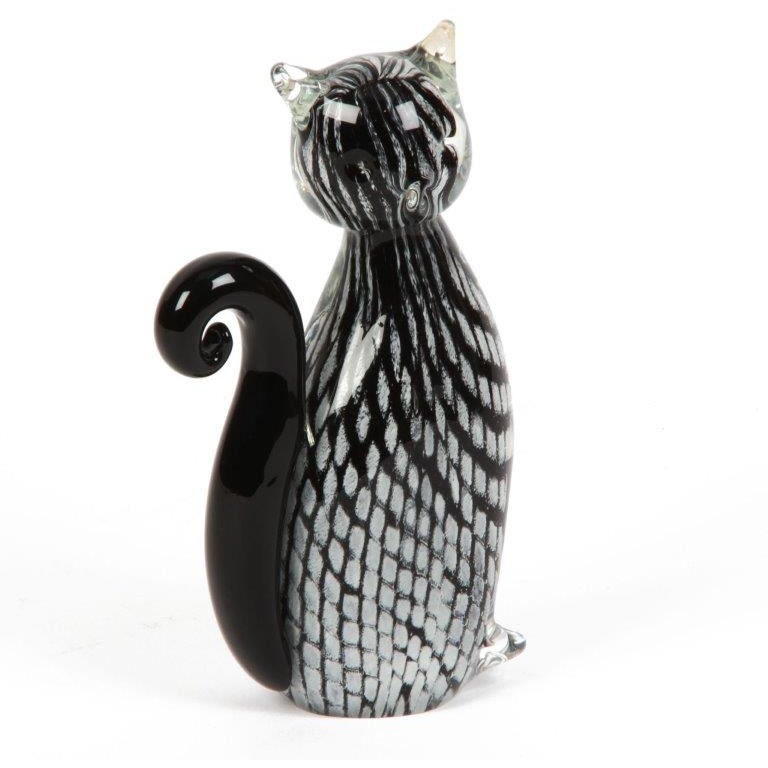 Objets D'art Glass Figurine - Black & White Cat