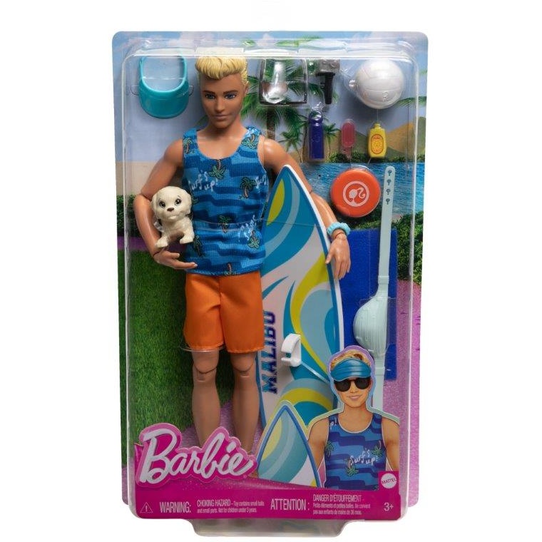 Ken Doll with Surfboard and Pet Puppy