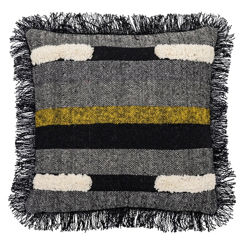 Downtown Tufted Blocks Filled Cushion with Fringe - Black/Grey