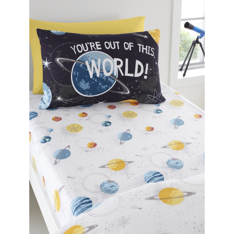 Bedlam Outer Space Fitted Sheet – Single Bed Size (190 x 90 x 25cm) – Galaxies & Planets Print – Boys Space Bedroom Accessory – White Polycotton Sheet – Universe Theme – Santasaurus Collection - Image 4