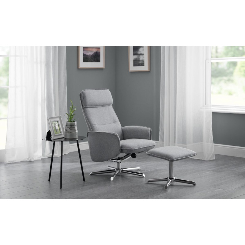 Julian Bowen Grey Aria Recliner And Stool With Chrome Base - Linen