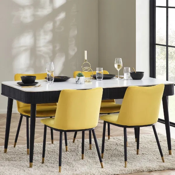 / Julian Bowen Louis Fluted Stone Top Dining Table With Drawers - Black