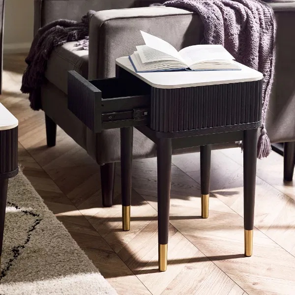 Julian Bowen Louis Fluted Stone Top Lamp Table With Drawer - Black