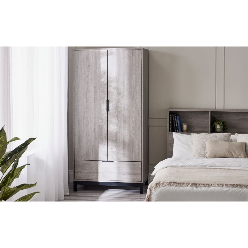 Julian Bowen Grey Bali 2 Door 1 Drawer Wardrobe - Oak