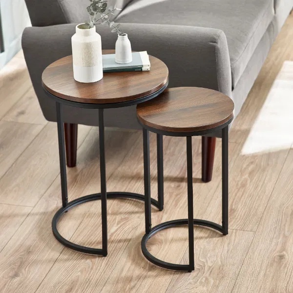 Julian Bowen Black Tribeca Round Nesting Side Tables - Walnut