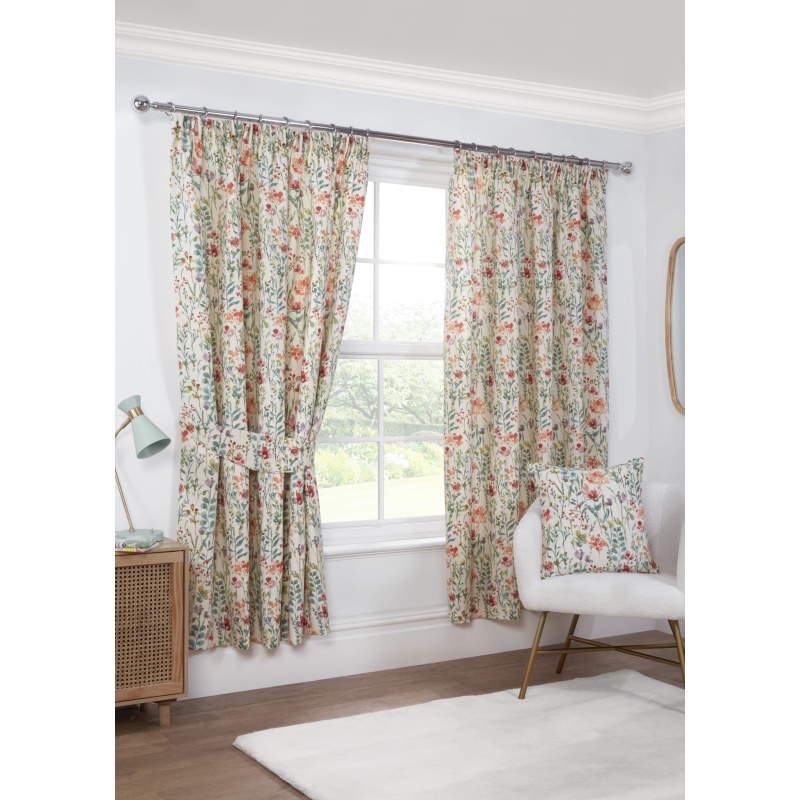 Sundour Pink/Green/Ivory Amaryllis Lined Pencil Pleat Curtains - Multi - 46 X 54