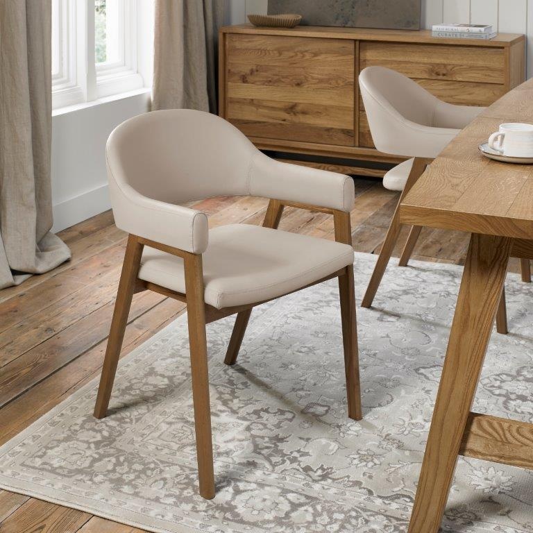 Bentley Designs Ivory Brandon Rustic Oak Upholstered Arm Chair Pair - Bonded Leather