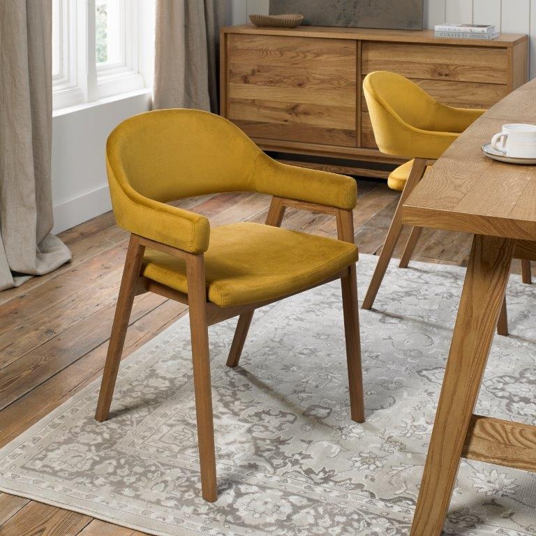 Bentley Designs Yellow Brandon Rustic Oak Upholstered Arm Chair Pair - Mustard Velvet