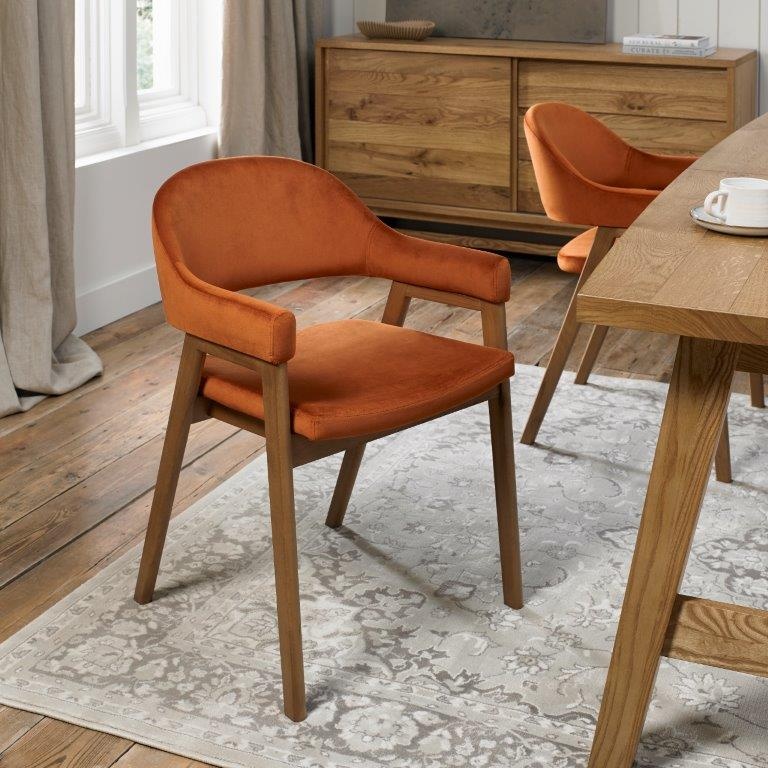 Bentley Designs Orange Brandon Rustic Oak Upholstered Arm Chair Pair - Rust Velvet