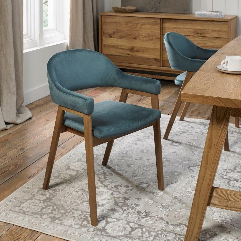 Bentley Designs Blue/Grain Brandon Rustic Oak Upholstered Arm Chair Pair - Azure Velvet