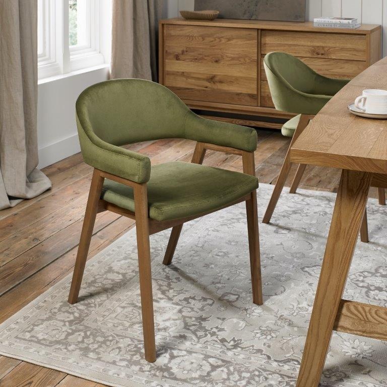 Bentley Designs Green Brandon Rustic Oak Upholstered Arm Chair Pair - Cedar Velvet