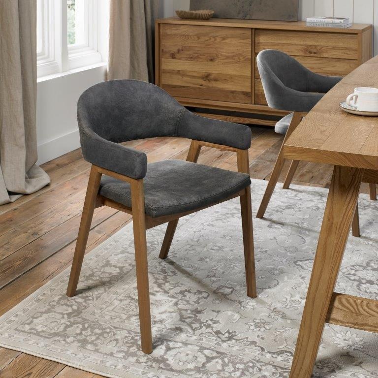 Bentley Designs Dark/Grey Brandon Rustic Oak Upholstered Arm Chair Pair - Fabric