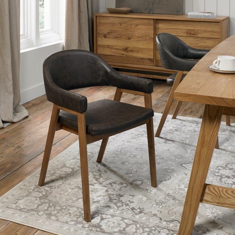 Bentley Designs Brown Brandon Rustic Oak Upholstered Arm Chair Pair - Old West Vintage Bonded Leather