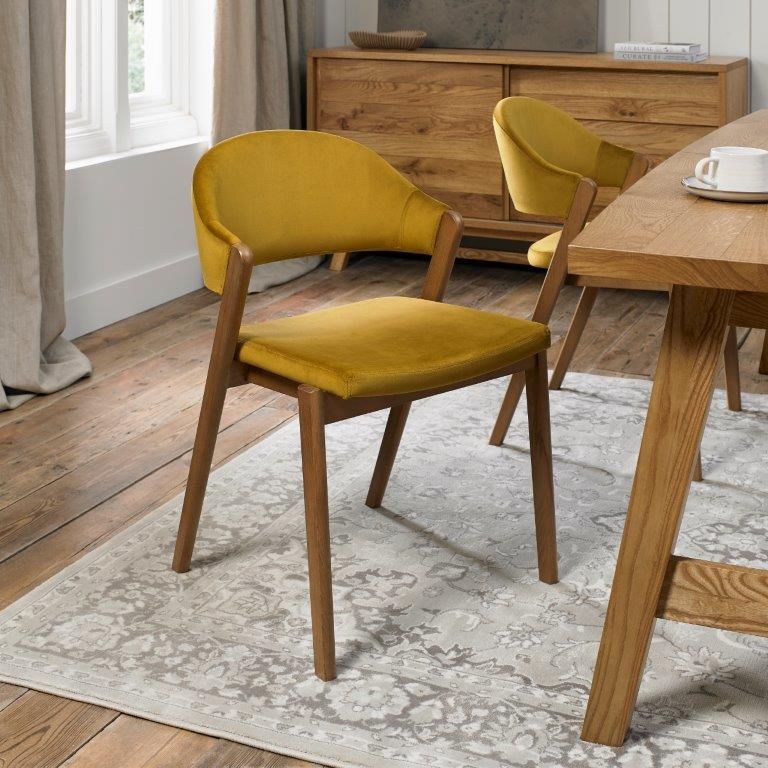 Bentley Designs Yellow/Grain Brandon Rustic Oak Upholstered Chair Pair - Mustard Velvet