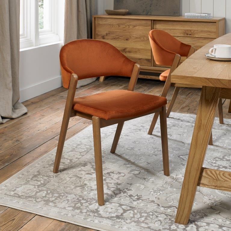 Bentley Designs Orange Brandon Rustic Oak Upholstered Chair Pair - Rust Velvet