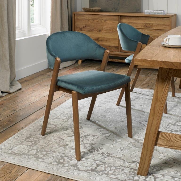 Bentley Designs Blue Brandon Rustic Oak Upholstered Chair Pair - Azure Velvet