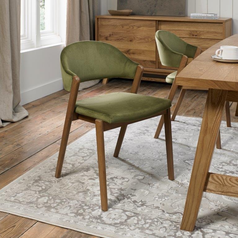 Bentley Designs Green Brandon Rustic Oak Upholstered Chair Pair - Cedar Velvet