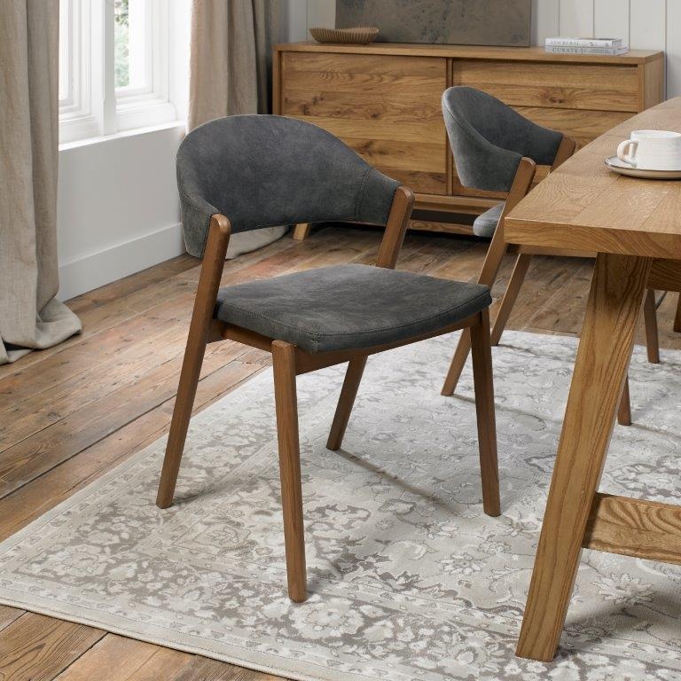 Bentley Designs Dark/Grey Brandon Rustic Oak Upholstered Chair Pair - Fabric