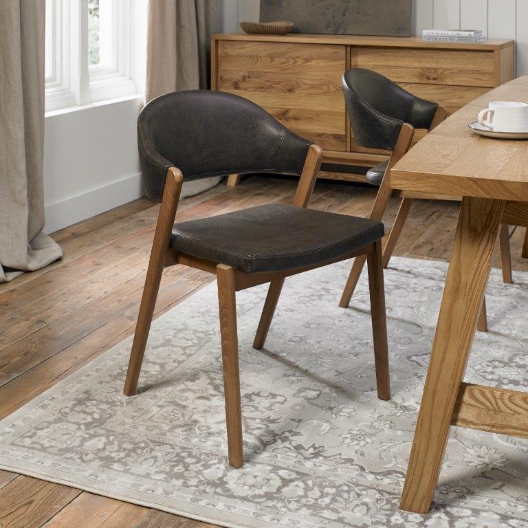 Bentley Designs Brown Brandon Rustic Oak Upholstered Chair Pair - Old West Vintage Bonded Leather
