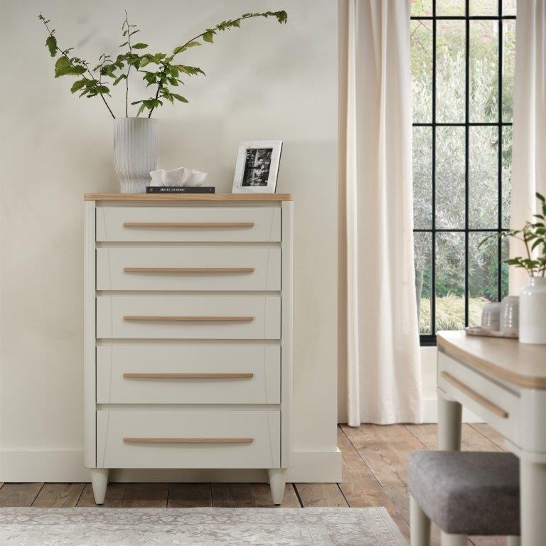 Bentley Designs Grey Delta Scandi Oak And Soft 5 Drawer Tall Chest
