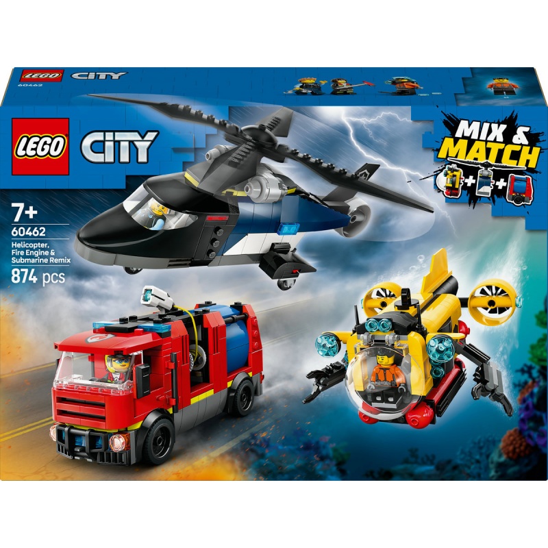 Image of LEGO City 60462 Helicopter, Fire Engine and Submarine Remix In Multi