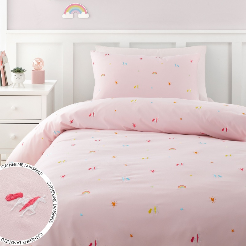 Catherine Lansfield Embroidered Unicorn Duvet Set - Pink