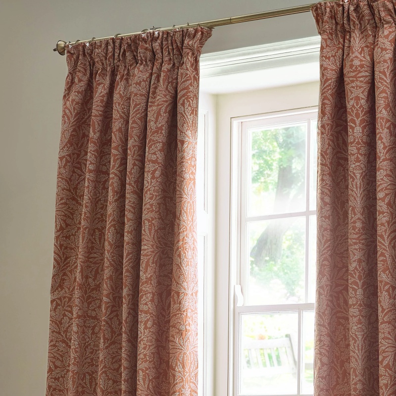 Morris And Co Acorn Tonal Pencil Pleat Curtains - Brick - 228Cm X 182Cm