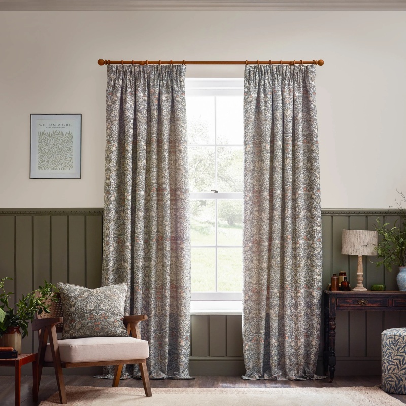 Morris & Co Strawberry Thief Jacquard Pencil Pleat Curtains - Biscuit