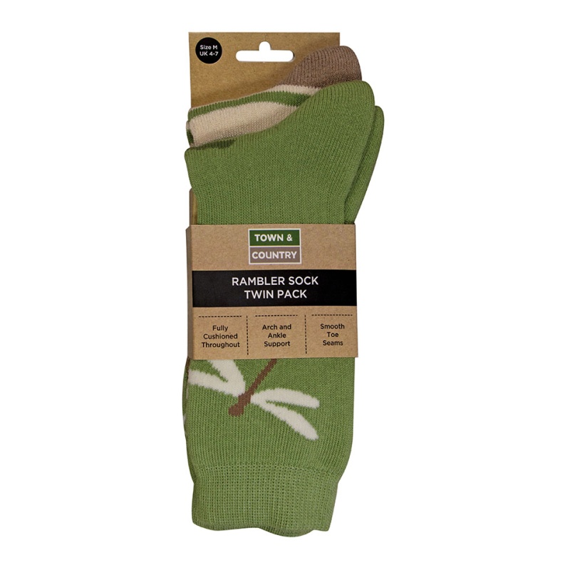 Town & Country Dragonfly Rambler Socks - Size 4-7 (2 Pack) - Sage