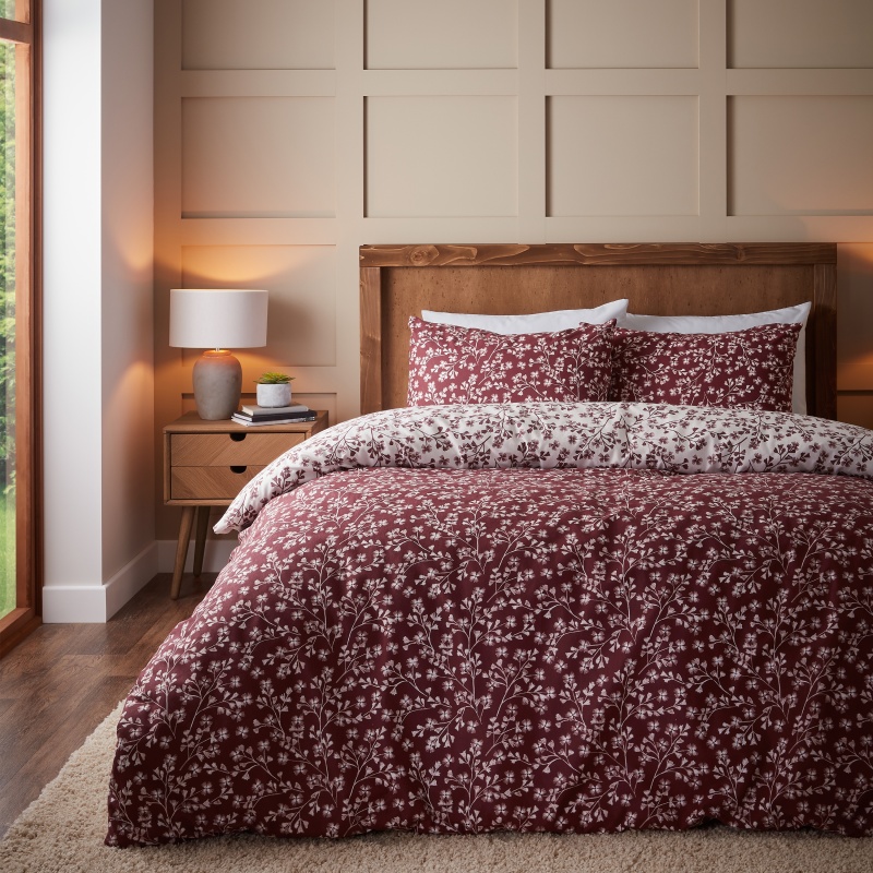 Catherine Lansfield Catherine Lansfield Brushed Grace Floral Leaf Duvet Set - Red