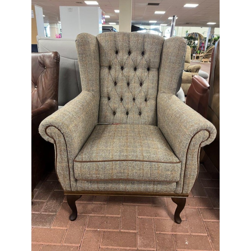 Wood Bros Wood Bros Watton Armchair - Herringbone Moss Fabric, Veneto Rust Piping & Light Oak Legs