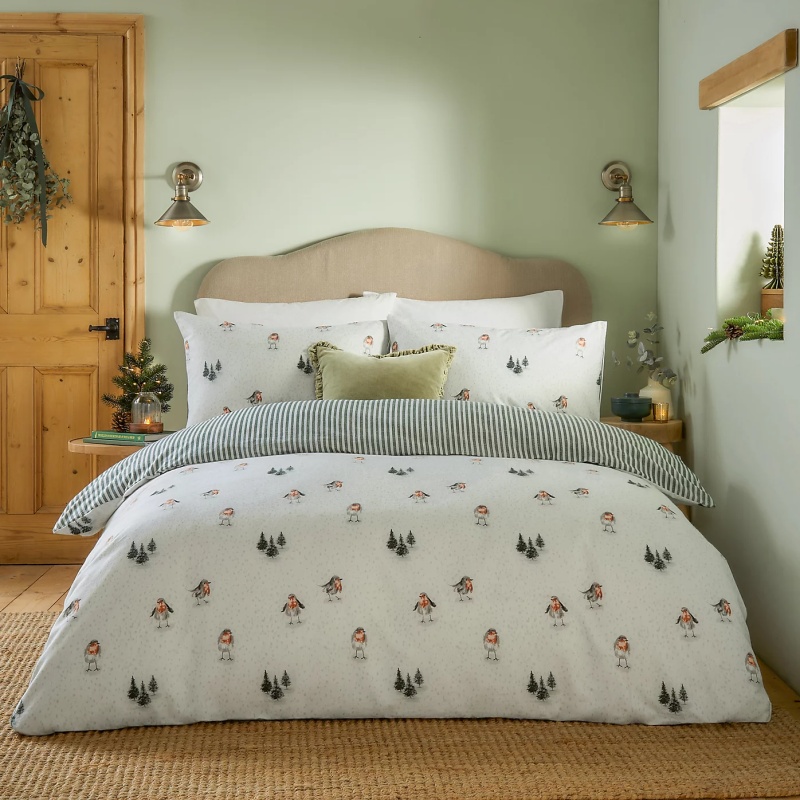 Wylder Nature Robins Return Brushed Cotton Duvet Set - Cream/Pine - Super King