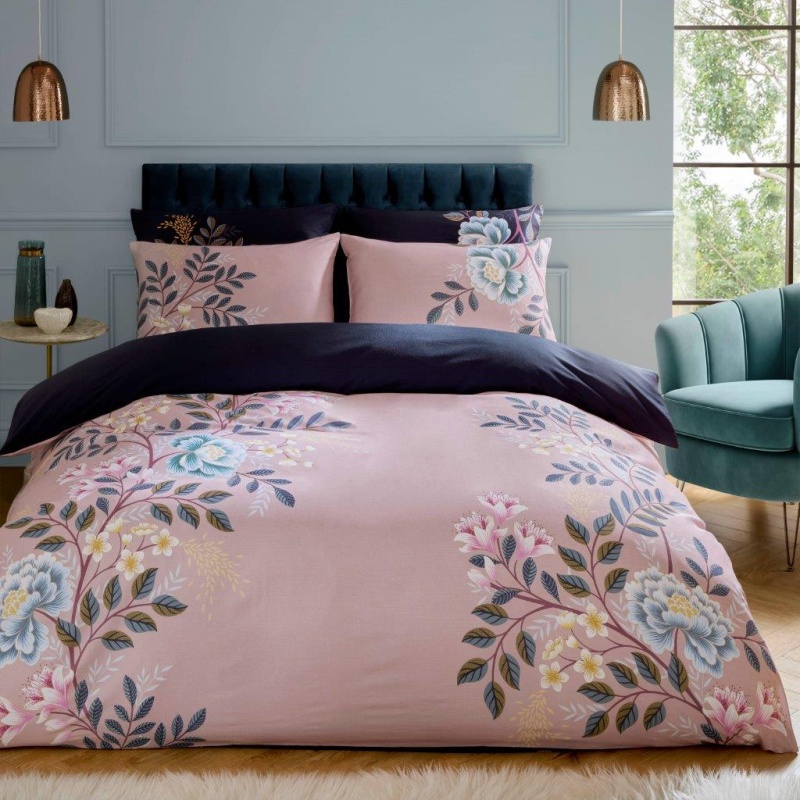 Sara Miller Pink Oriental Blossom Duvet Set - /Navy - Single