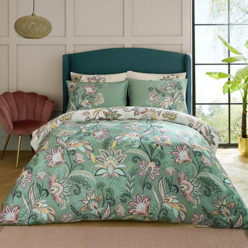 Sara Miller Cream/Green Passiflora Duvet Set - Sage/Stone - Single