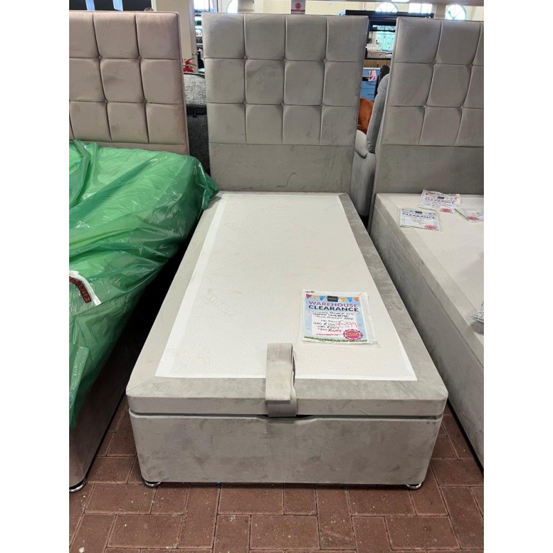 Downtown Chicago 90cm Single End Lift Ottoman Divan Base & Jasper Headboard - Velvet Silver