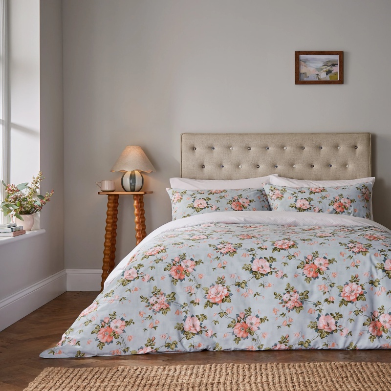 Fable Wild Rose Duvet Set - Duck Egg & Powder Pink