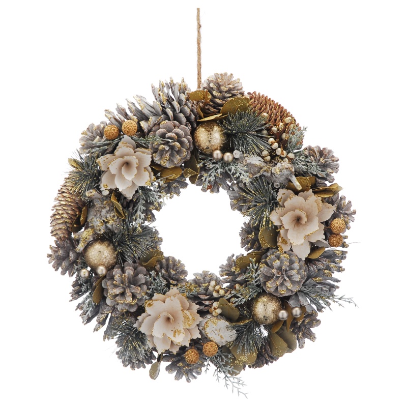 Festive Festive Gold Flowers & Berries Wreath - 36cm