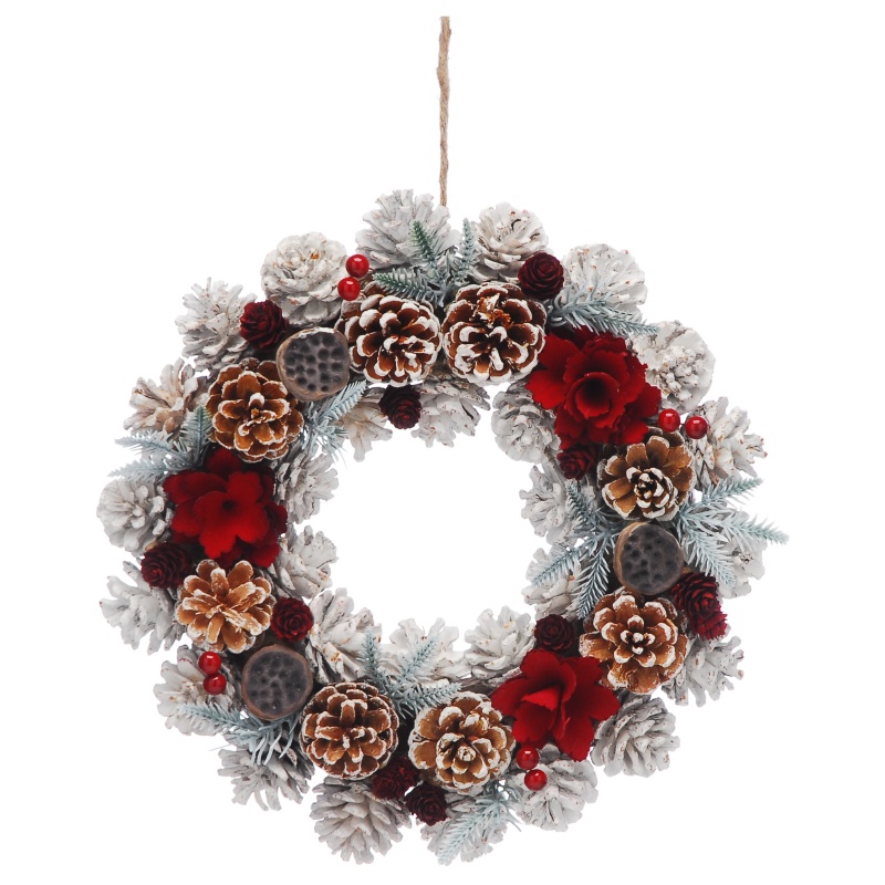 Festive Festive Red Flower & White Pinecone Wreath - 36cm