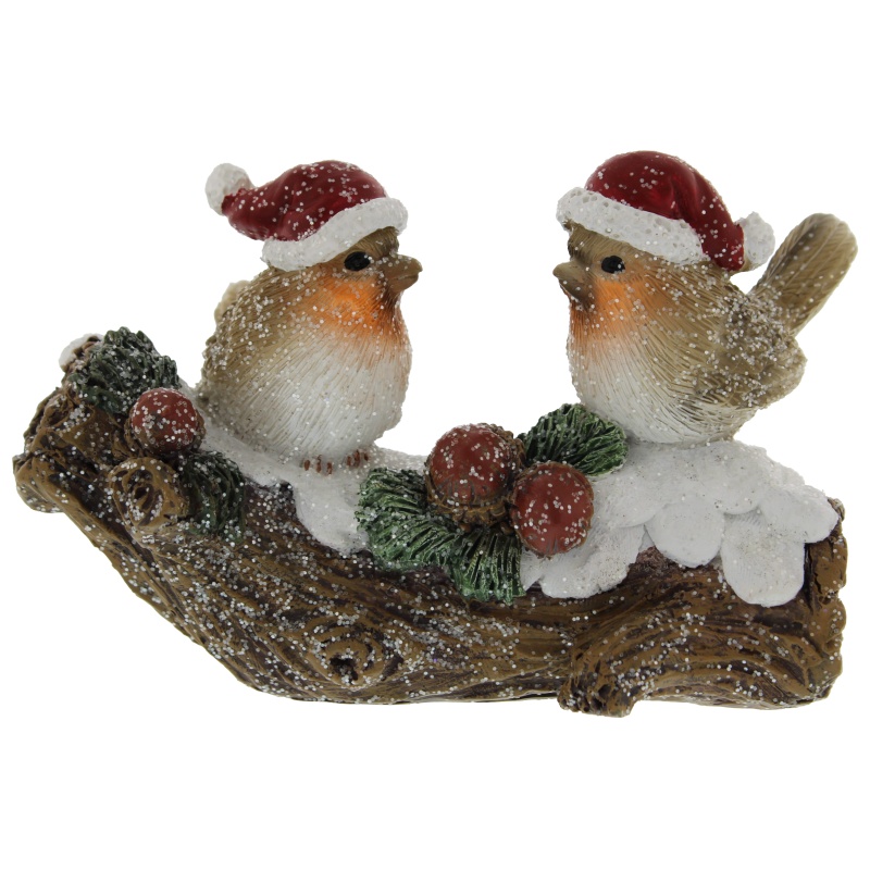 Festive Robins On A Snowy Log Decoration - 15cm