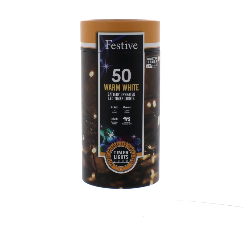 Festive 50 Battery Timer String Lights - Warm White
