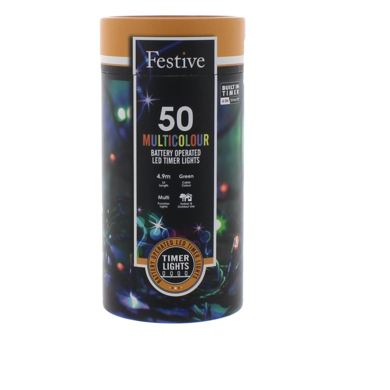 Festive 50 Battery Timer String Lights - Multicolour