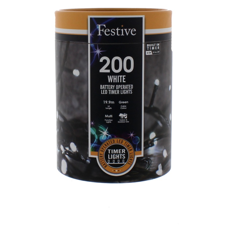 Festive 200 Battery Timer String Lights - White