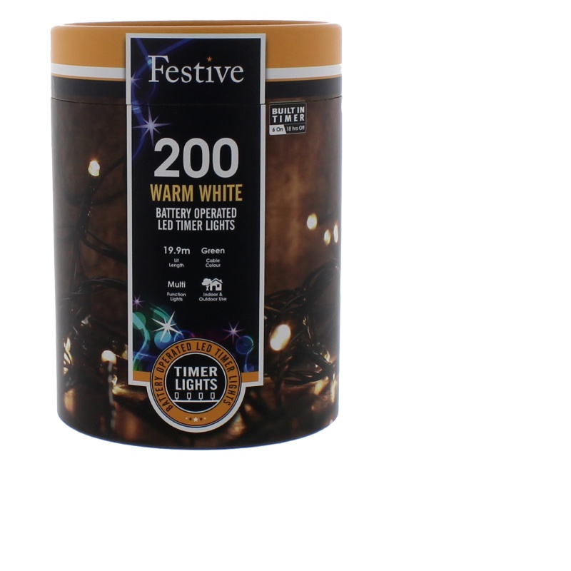 Festive 200 Battery Timer String Lights - Warm White