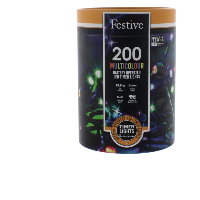 Festive 200 Battery Timer String Lights - Multicolour