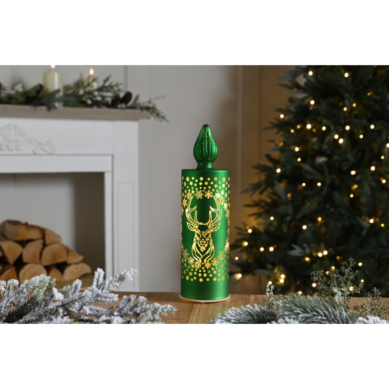 Festive Lit Glass Reindeer Candle - Green